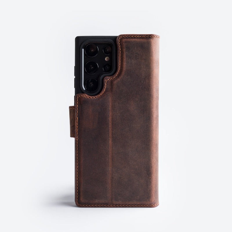 Wachikopa Genuine Leather Classic Bookcase for Samsung Galaxy S22 Ultra Brown