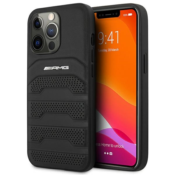 AMG AMHCP14XGSEBK iPhone 14 Pro Max black hardcase Leather Debossed Lines