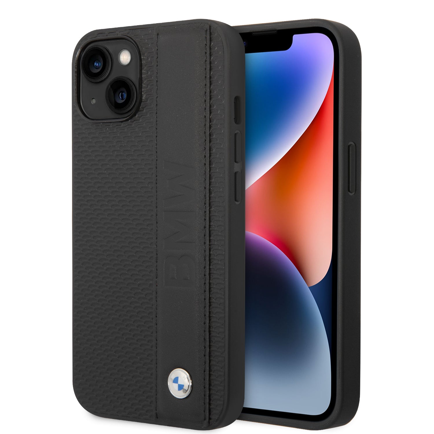 BMW BMHCP14M22RDPK iPhone 14 Plus Leather Black Signature Collection Case Textured and Big Logo Stripe