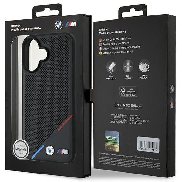 BMW BMHMP16S23PUPDK iPhone 16 Black hardcase M Perforated Tricolor Line MagSafe