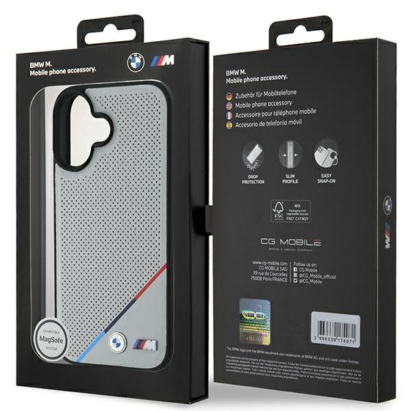 BMW BMHMP16S23PUPDG iPhone 16 grey hardcase M Perforated Tricolor Line MagSafe