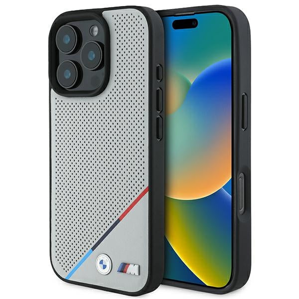 BMW BMHMP16L23PUPDG iPhone 16 Pro grey hardcase M Perforated Tricolor Line MagSafe