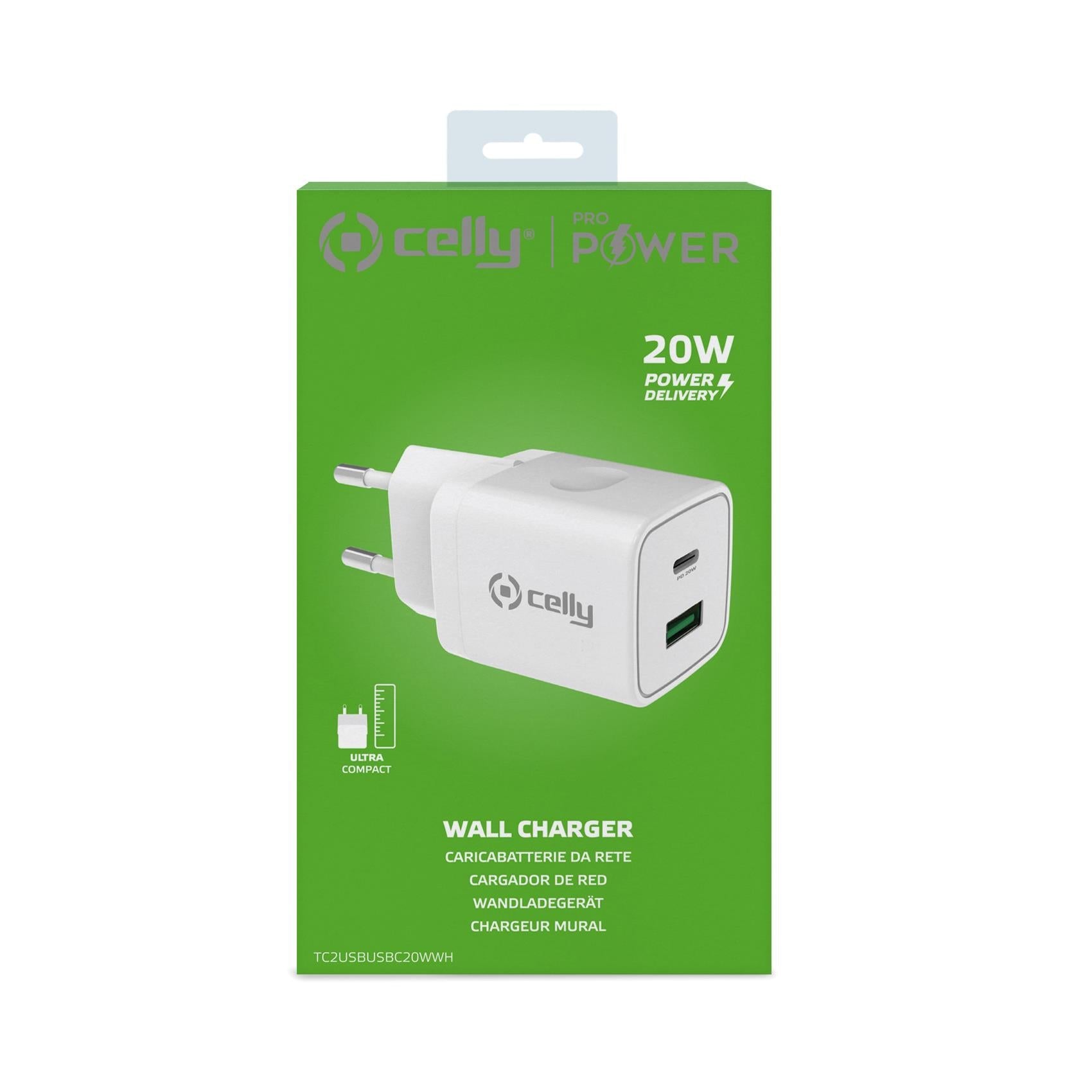 Celly TRAVEL CHARGER USB/USB-C 20W WH