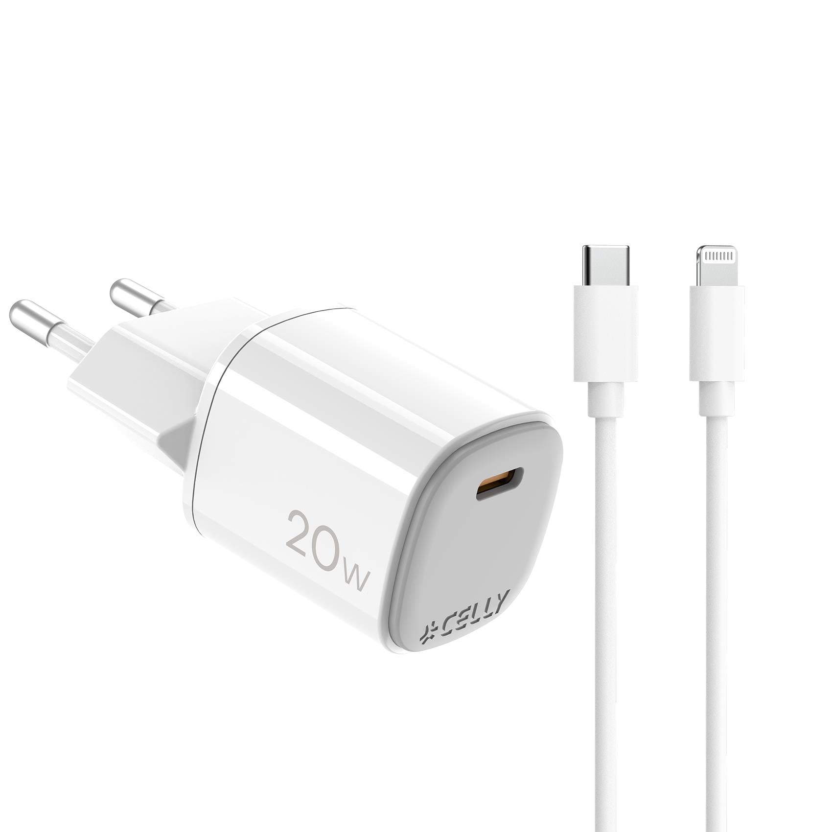 Celly UPTC1USBC20WCTL - 20W GaN Wall Charger + USB-C to Lightning cable