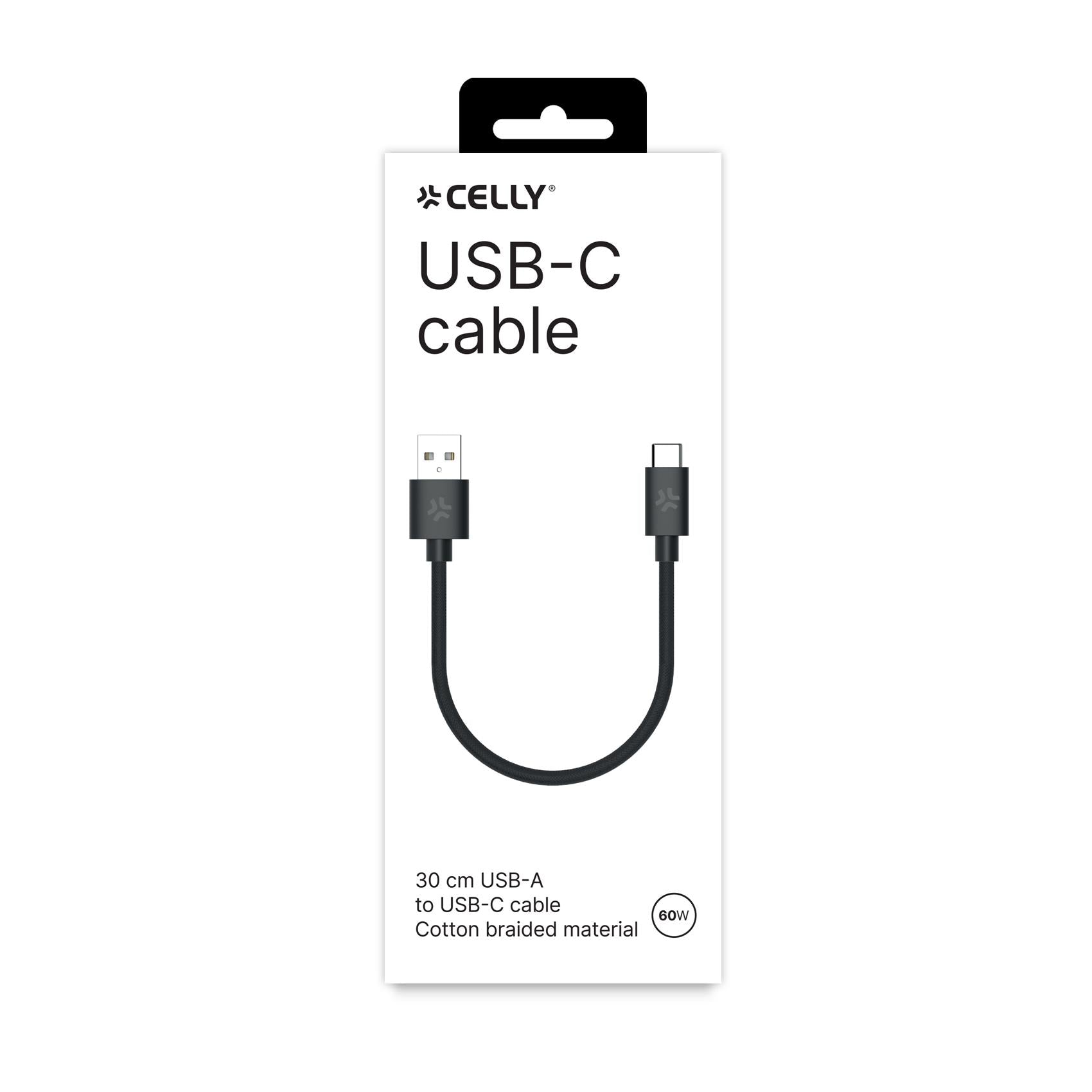 Celly USBAUSBCCOT30 - USB-A to USB-C Cotton Braided Cable 30cm