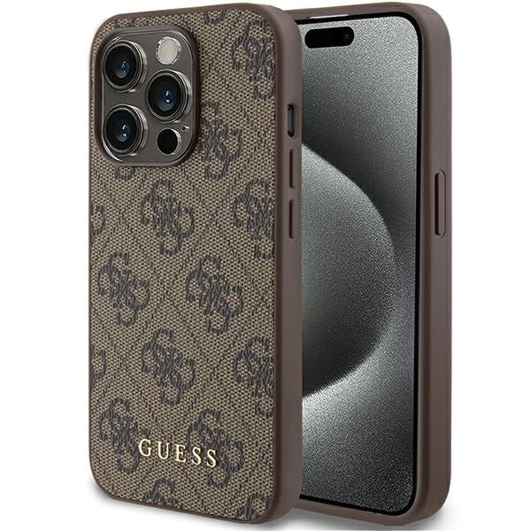 Guess GUHCP15LG4GFBR iPhone 15 Pro brown hard case 4G Metal Gold Logo