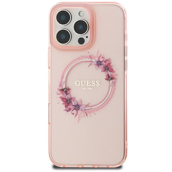 Guess GUHMP16SHFWFCP iPhone 16 pink hardcase IML Flowers Wreath MagSafe