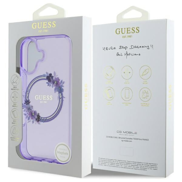 Guess GUHMP16SHFWFCU iPhone 16 purple hardcase IML Flowers Wreath MagSafe