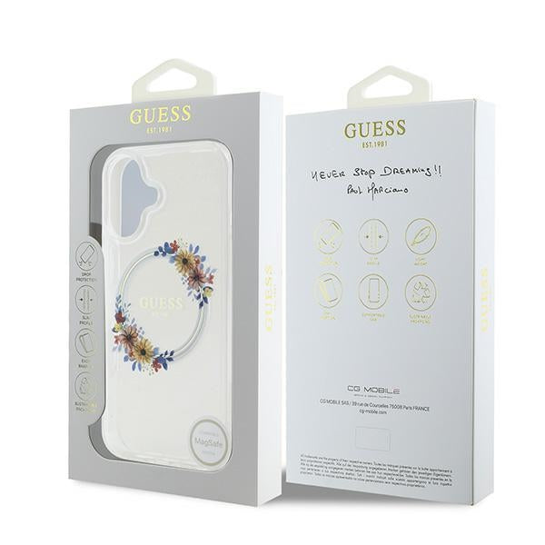 Guess GUHMP16MHFWFCT iPhone 16 Plus transparent hardcase IML Flowers Wreath MagSafe