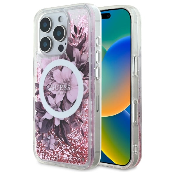 Guess GUHMP16XLFMWTP iPhone 16 Pro Max pink hardcase Liquid Glitter Flower MagSafe
