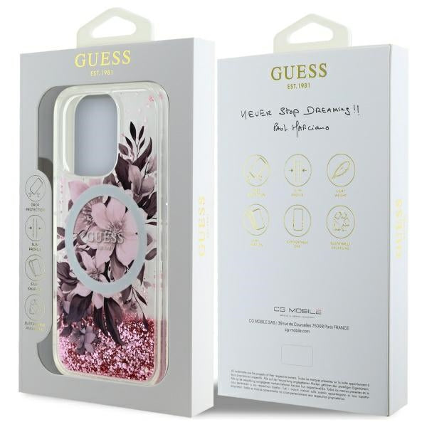 Guess GUHMP16XLFMWTP iPhone 16 Pro Max pink hardcase Liquid Glitter Flower MagSafe