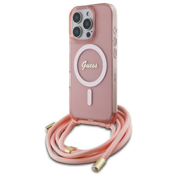 Guess GUHMP16LHCTSGNSP pink hardcase Crossbody Cord Script MagSafe Case for iPhone 16 Pro