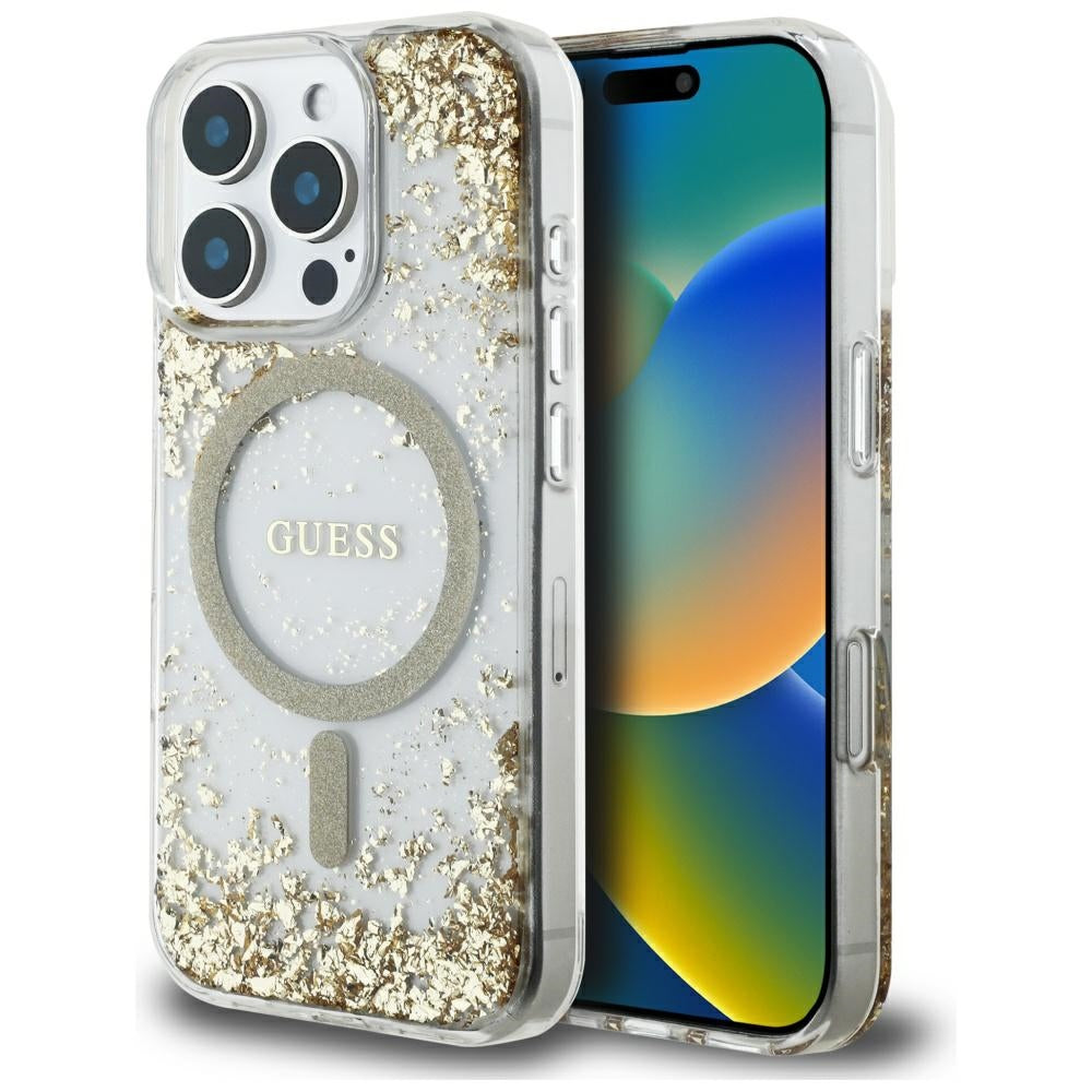 Guess GUHMP16LRGRGED Hardcase Resin Bottom Glitter for iPhone 16 pro MagSafe Gold