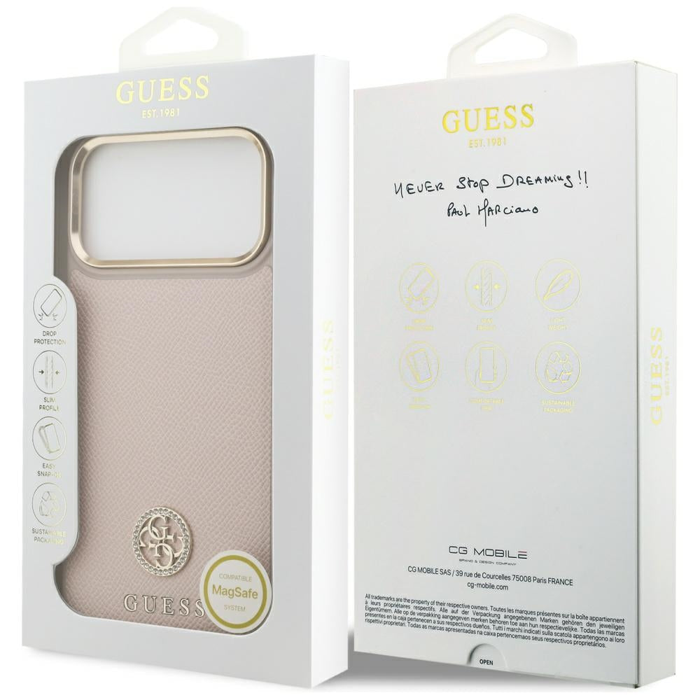 Guess GUHMP17XPGCRMDEP Hardcase for iPhone 17 Pro Max Pink Grained Strass Logo MagSafe