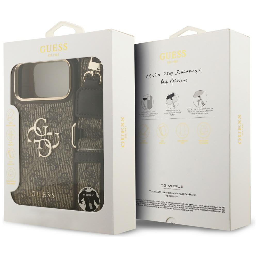 GUESS 4G Big 4G Classic Logo Big Strap Metal Buttons Case for iPhone 17 Pro Max Brown