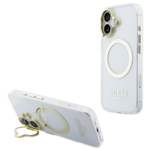 Guess GUHMP17SHTRMSFD Gold Outline Stand Camera Frame Magsafe Case for iPhone 17 Transparant
