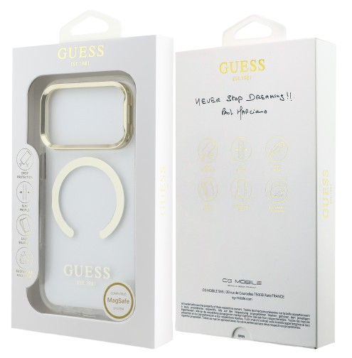 Guess GUHMP17XHTRMSFD Gold Outline Stand Camera Frame Magsafe Case for iPhone 17 Pro Max Transparant