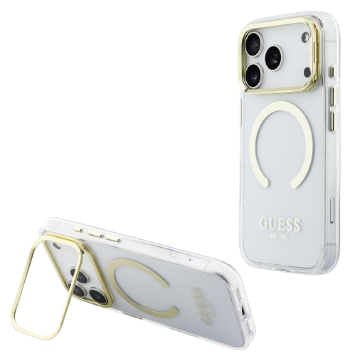 Guess GUHMP17XHTRMSFD Gold Outline Stand Camera Frame Magsafe Case for iPhone 17 Pro Max Transparant