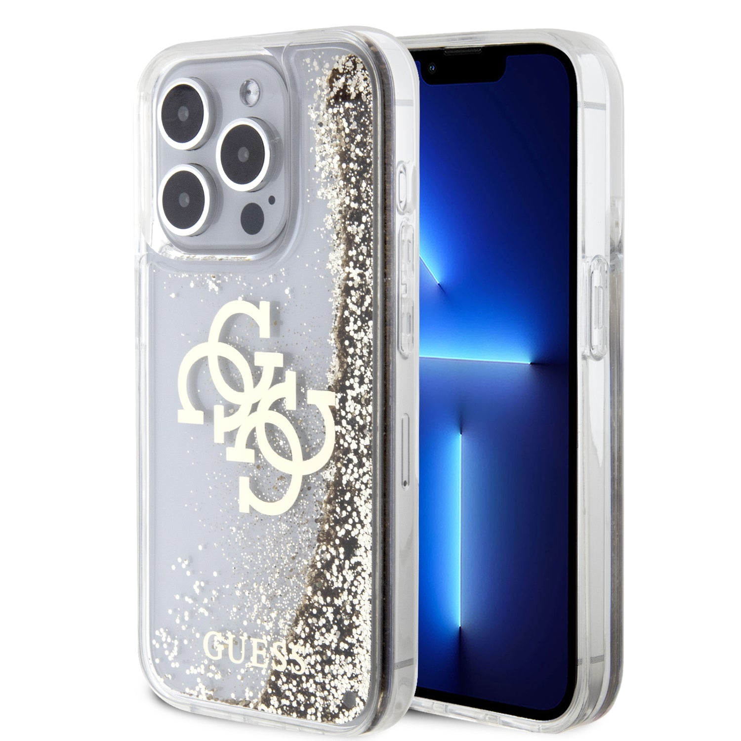 Guess GUHCP15LLG4GGO iPhone 15 Pro Gold hardcase Liquid Glitter Big 4G
