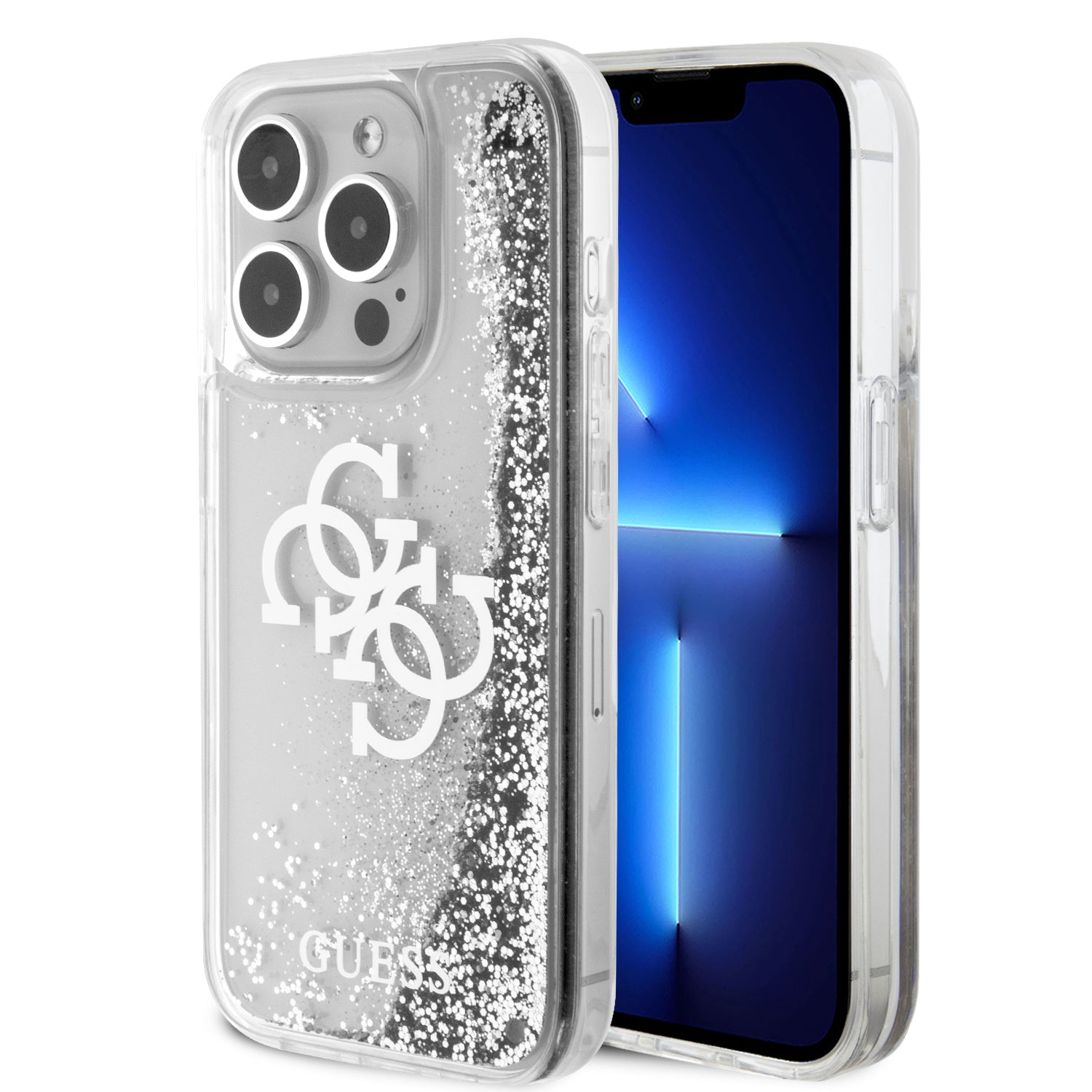 Guess GUHCP15LLG4GSI iPhone 15 Pro Silver hardcase Liquid Glitter Big 4G