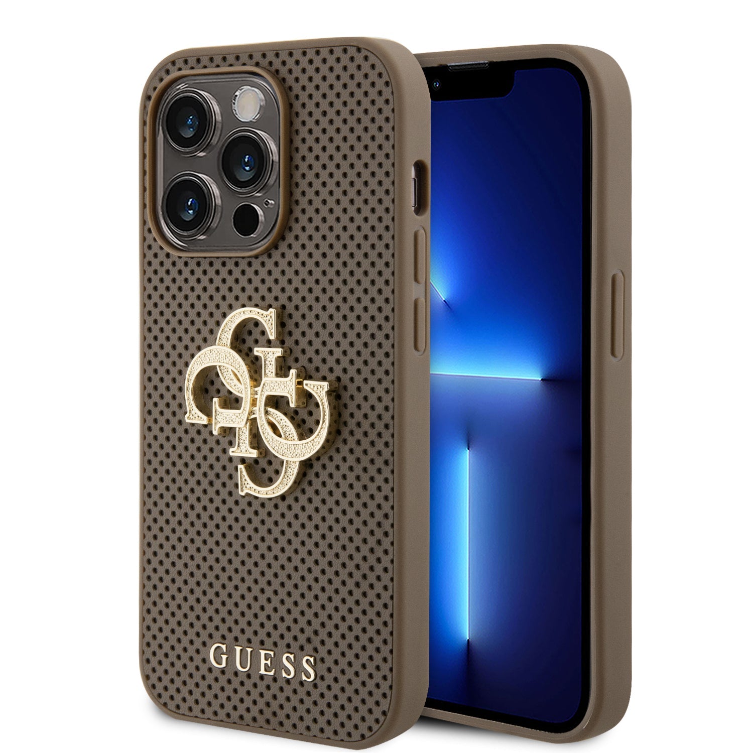 Guess Perforated PU Leather Hardcase 4G with Glitter metal Logo Taupe iPhone 15 Pro