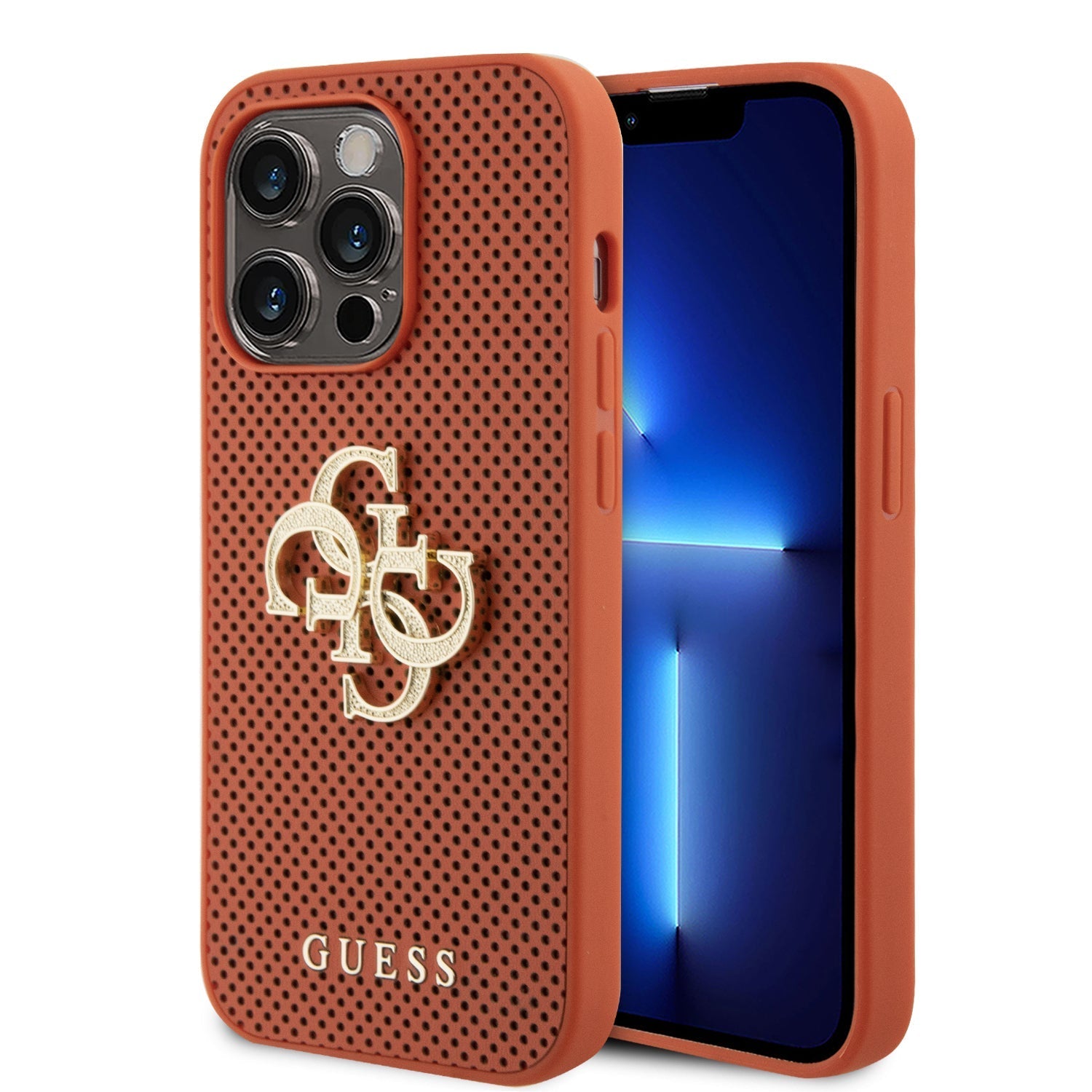 Guess Perforated PU Leather Hardcase 4G with Glitter metal Logo Orange iPhone 15 Pro