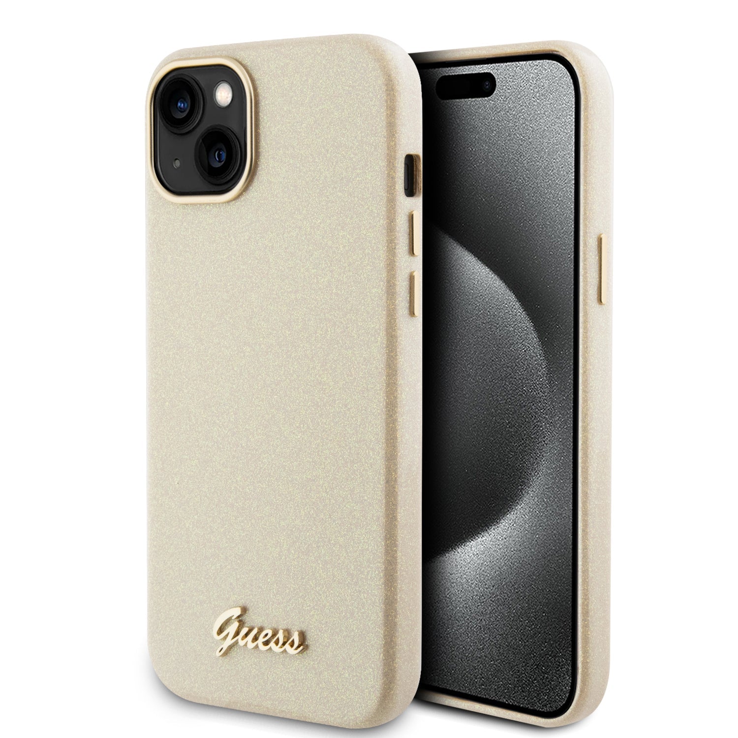 GUESS HC FW PU GLITTER GLOSSY SCRIPT LIGHT GOLD iPhone15 PLUS