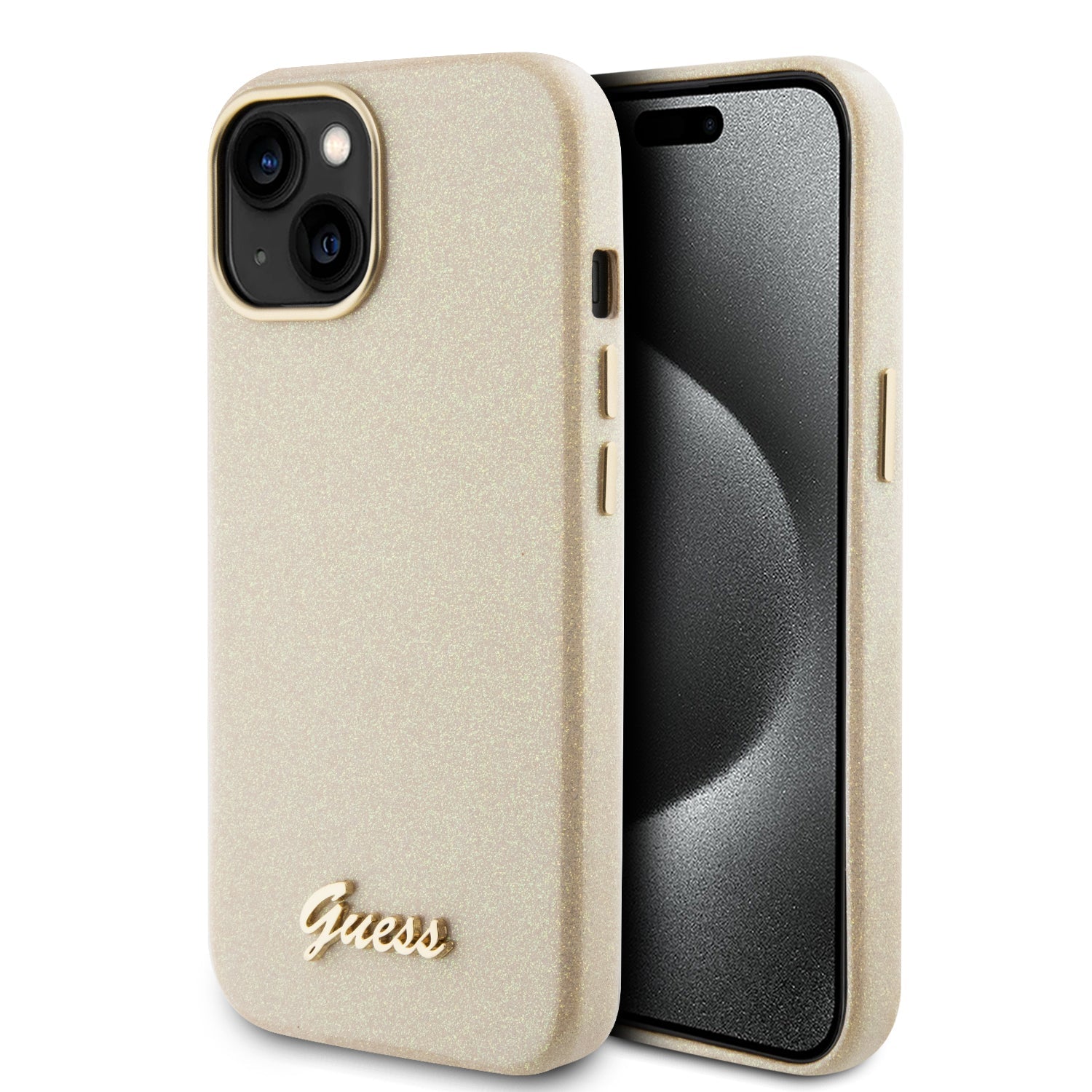 GUESS GUHCP15MPGMCSP Hardcase FW PU GLITTER GLOSSY SCRIPT LIGHT GOLD iPhone 15 Plus