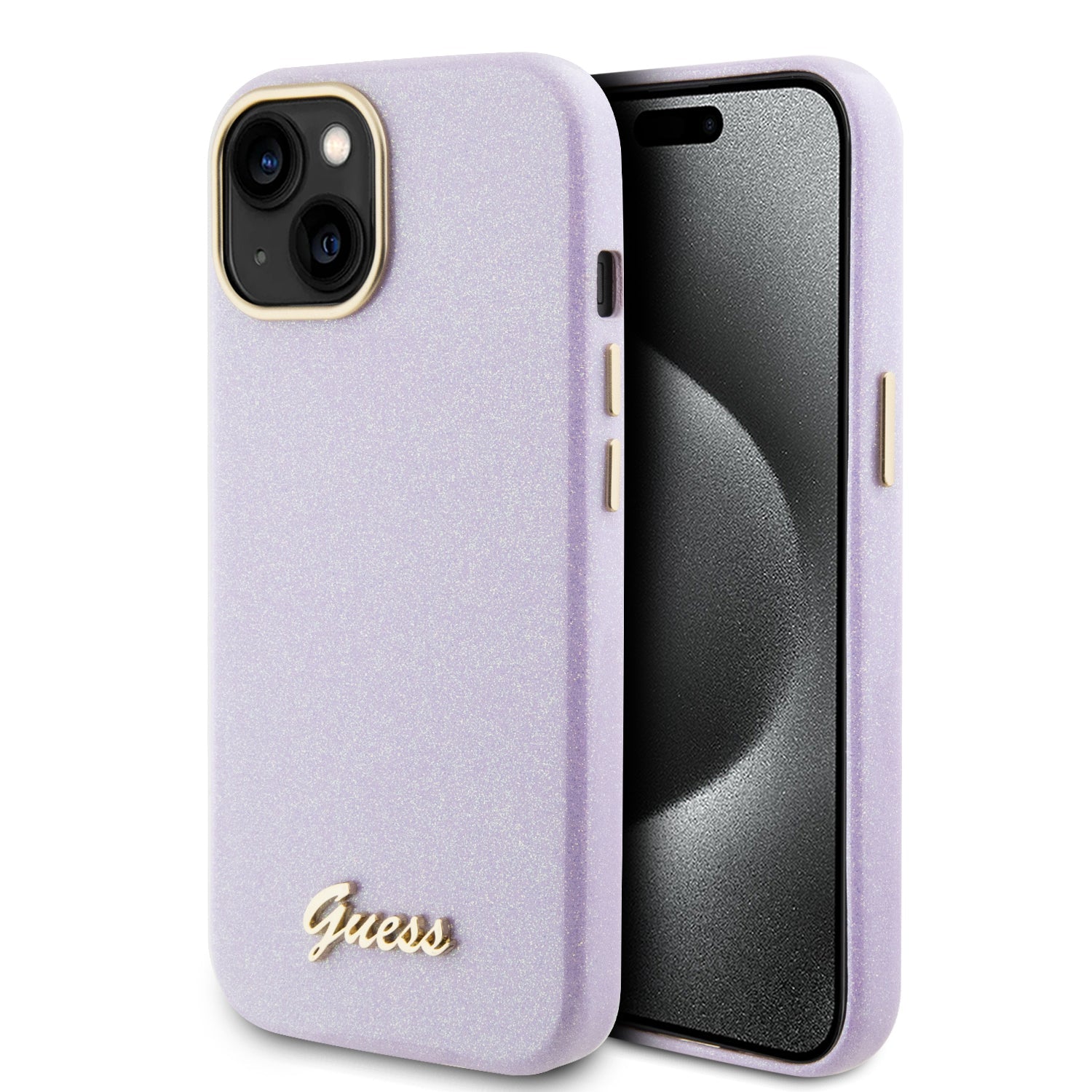 GUESS Hardcase FW PU GLITTER GLOSSY SCRIPT LILAC iPhone 15 / 14 / 13
