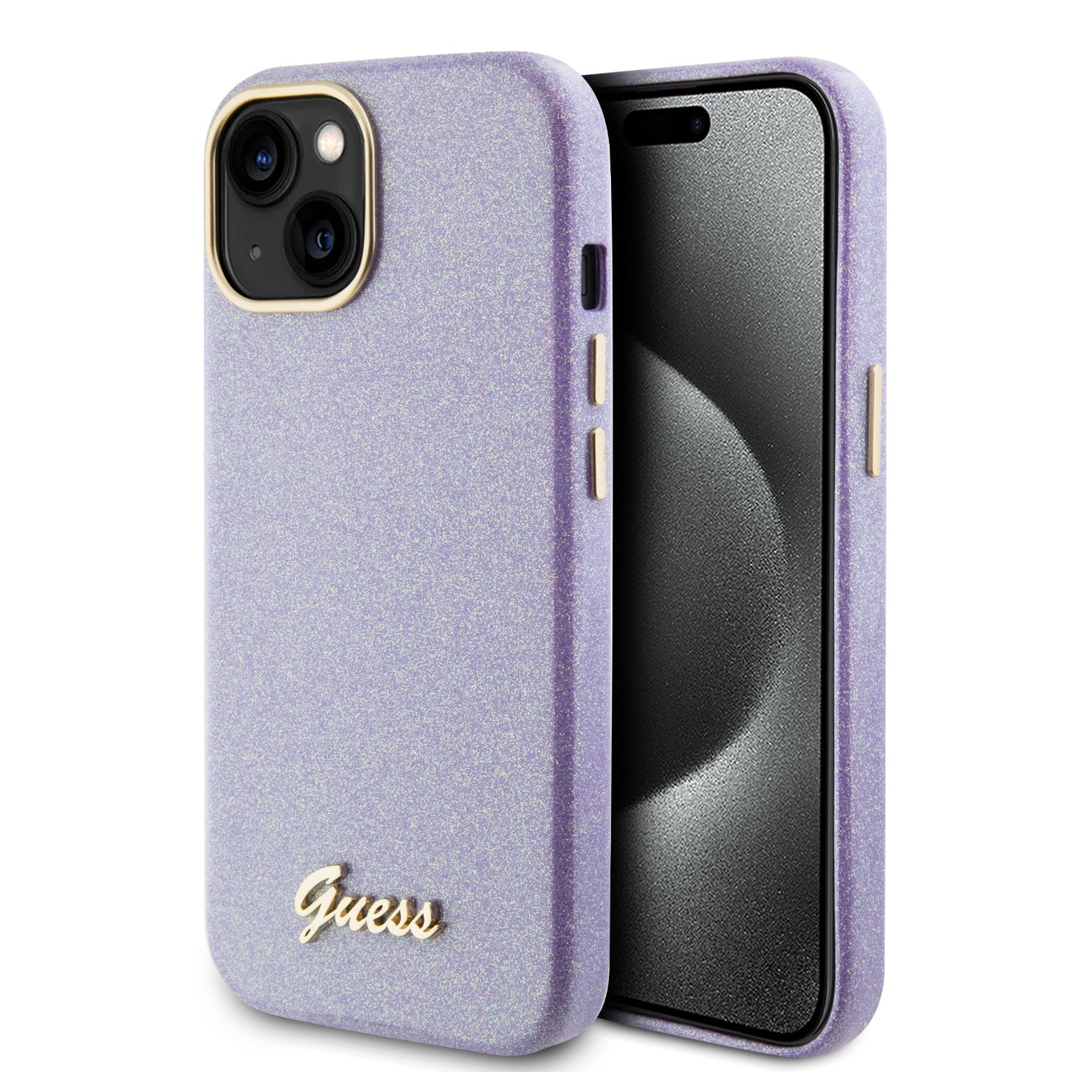 GUESS HC FW PU Glitzer glänzendes Skript Purple iPhone 15 Plus