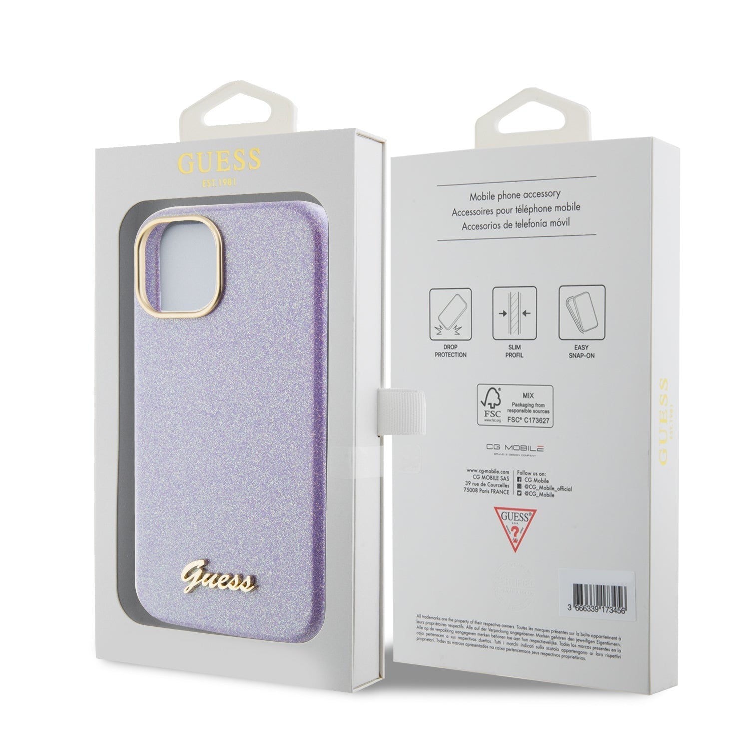 GUESS HC FW PU GLITTER GLOSSY SCRIPT PURPLE iPhone 15 Plus