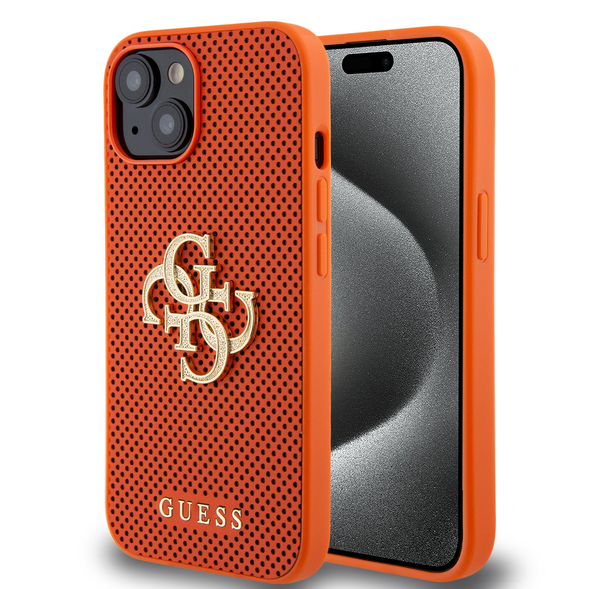 Guess Perforated PU Leather Hardcase 4G with Glitter metal Logo Orange iPhone 15 / 14 / 13