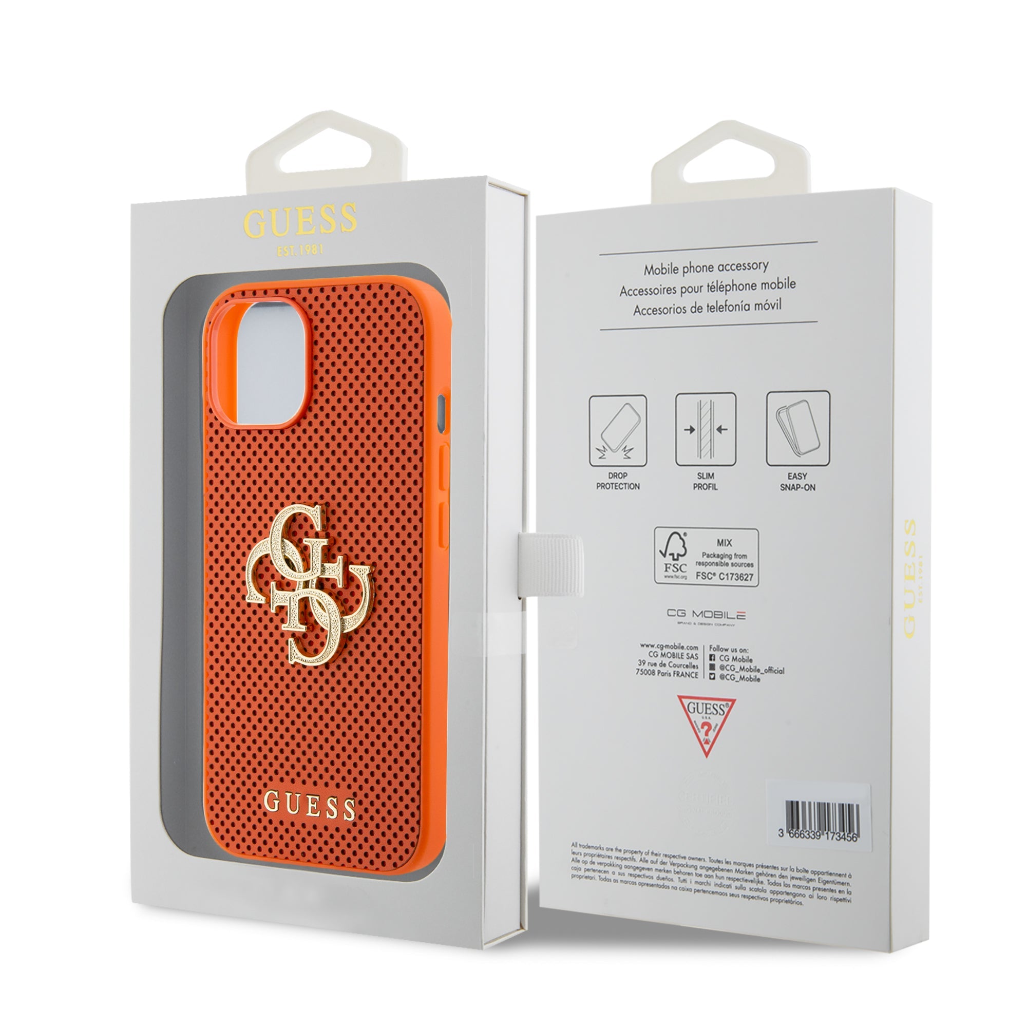 Guess Perforated PU Leather Hardcase 4G with Glitter metal Logo Orange iPhone 15 / 14 / 13