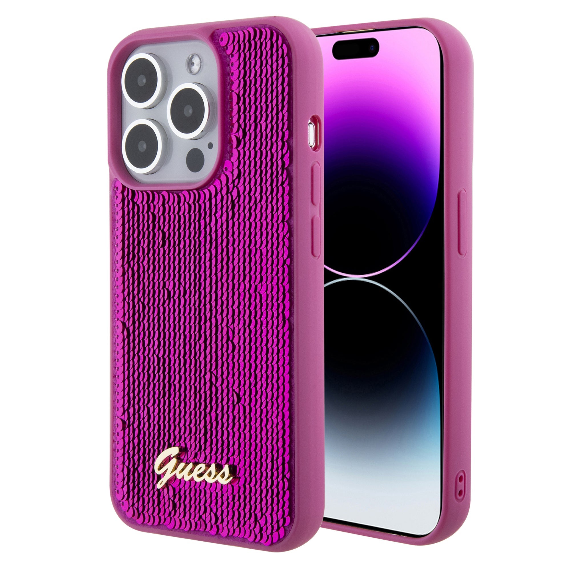 GUESS HC SEQUIN SCRIPT METAL FUSCHIA iPhone 15 PRO