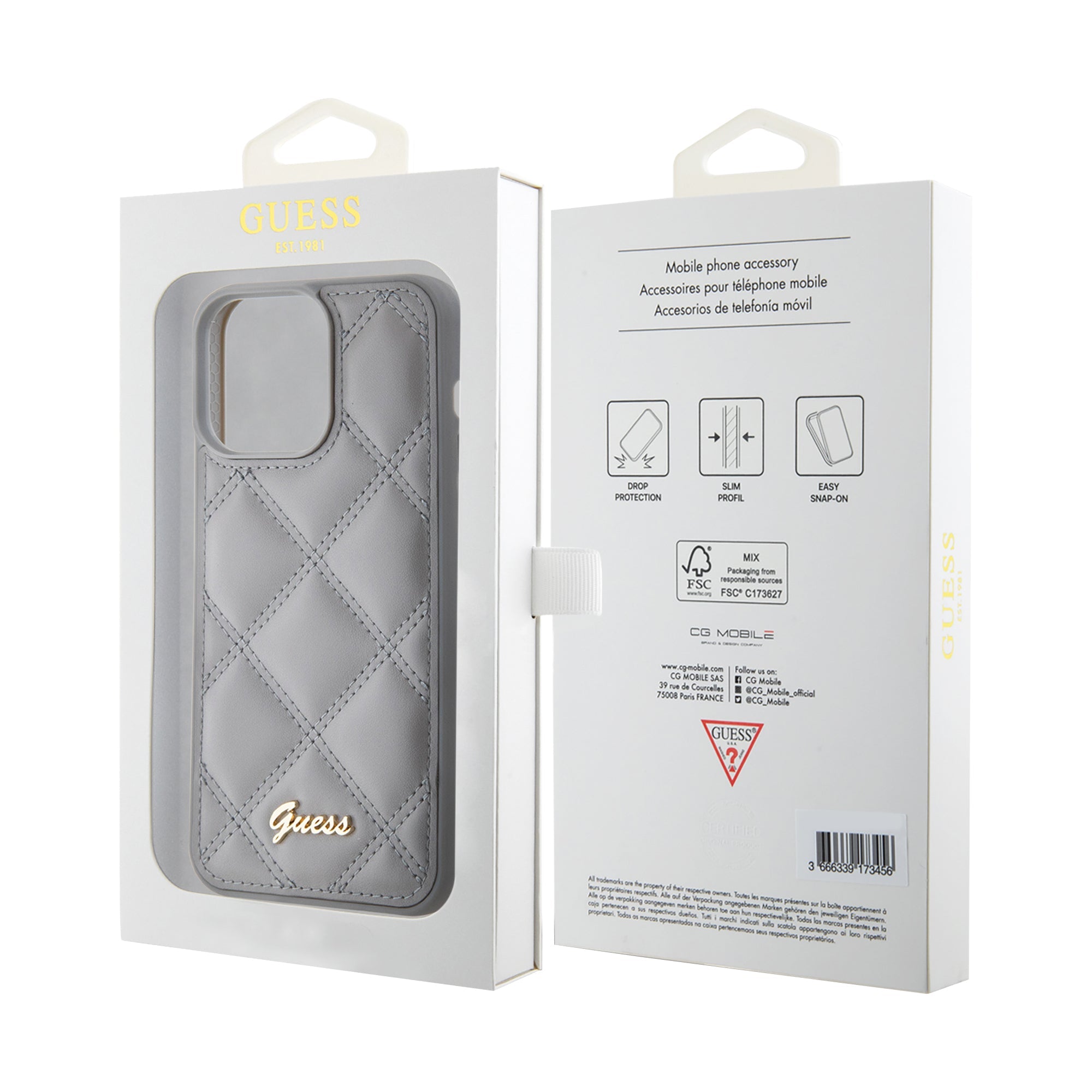 GUESS GUHCP15XPSQSQSG PU Leather Hardcase QUILTED EDITION Metal Logo Grey iPhone 15 Pro Max