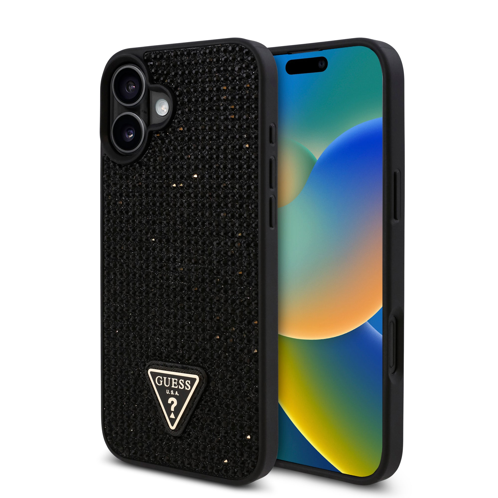 Guess GUHCP16SHDGTPK Hardcase Rhinestone Triangle Logo Black for iPhone 16