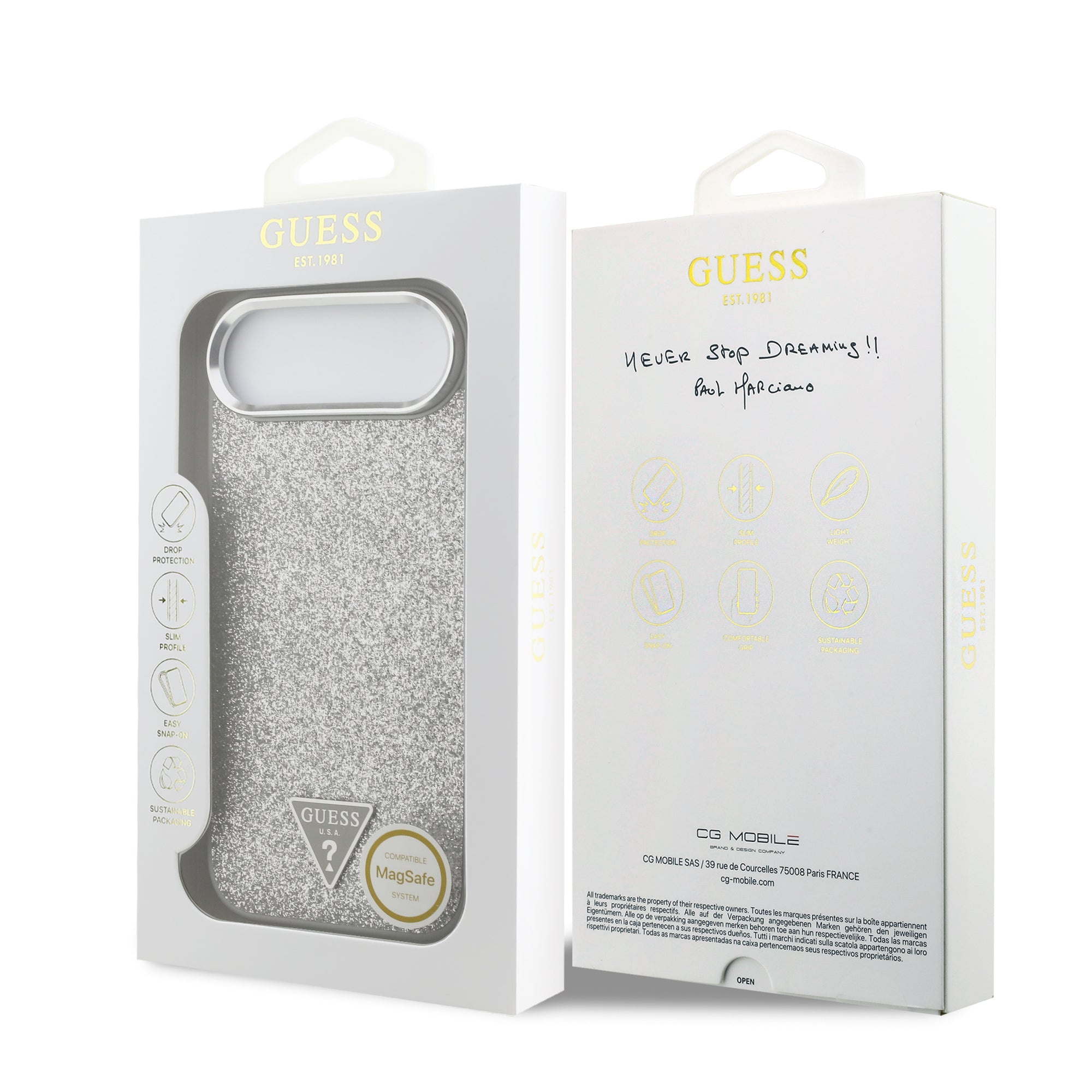 GUESS GUHMP17MPFGTSCMS Hardcase MagSafe PU Glitter W/ Triangle Logo Silver iPhone 17 Air