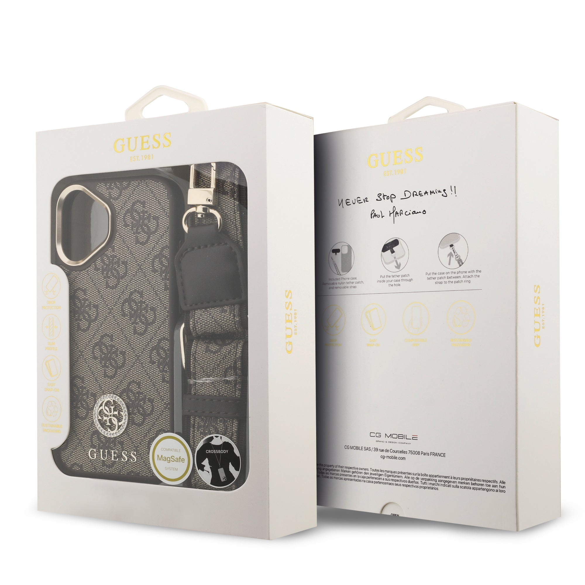 GUESS GUHMP16SP4G4DCSW HardCase MagSafe 4G PU W/ Strass Logo & Big Strap Metal Buttons Brown iPhone 16