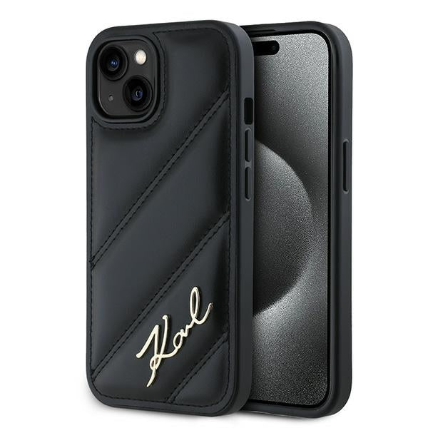 Karl Lagerfeld KLHCP13MPQDSMGK iPhone 13 black hardcase Diagonal Quilted Script