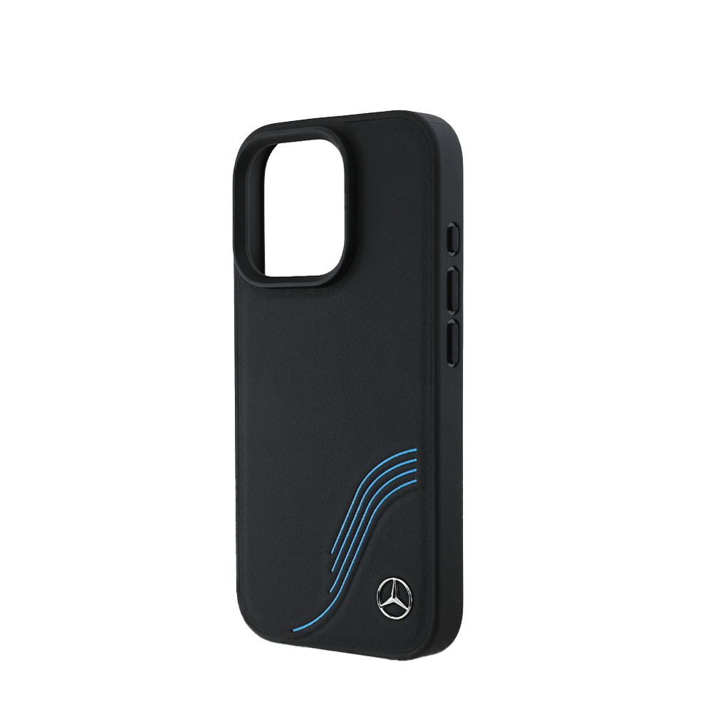 Mercedes MEHMP16X24ROCBK iPhone 16 Pro Max Magsafe Leather 3D Metal Logo W/Blue Curves Black