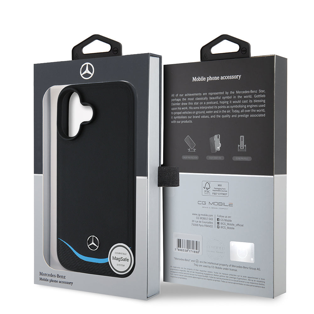 Mercedes MEHMP16S24RBIBK iPhone 16 black MagSafe Charging 3D Metal Logo Blue Horizontal Curved Striped Leather
