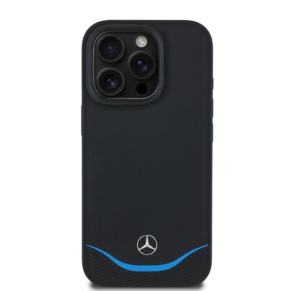 Mercedes MEHMP16L24RBIBK iPhone 16 Pro black Magsafe Charging 3D Metal Logo Blue Horizontal Curved Striped Leather