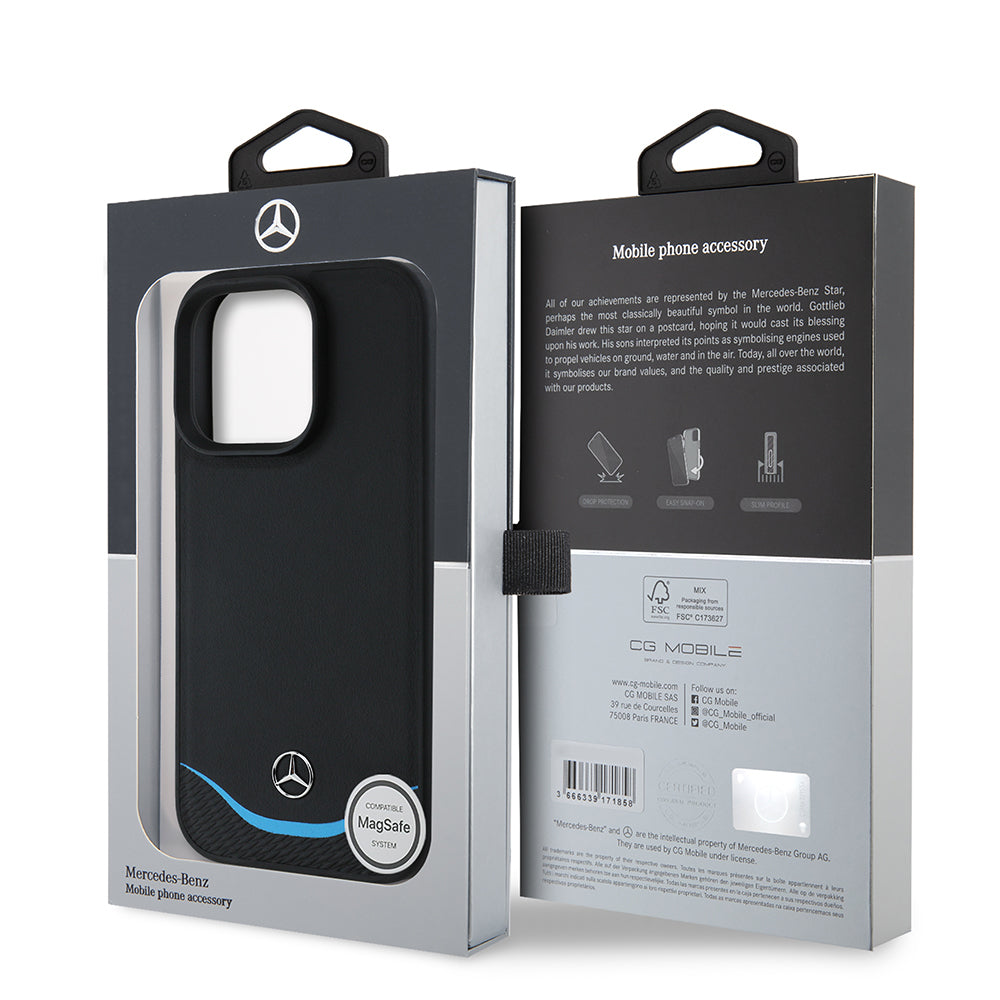 Mercedes MEHMP16L24RBIBK iPhone 16 Pro black Magsafe Charging 3D Metal Logo Blue Horizontal Curved Striped Leather