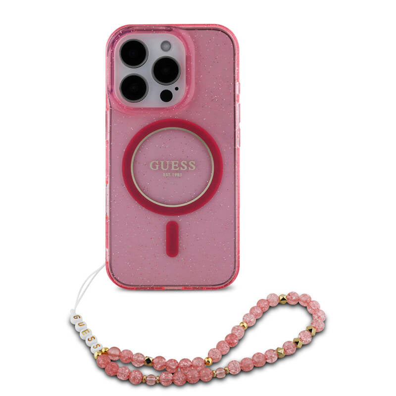 Guess GUHMP16XHGCRELSF iPhone 16 Pro Max Pink hardcase IML Glitter With Pearl Strap MagSafe