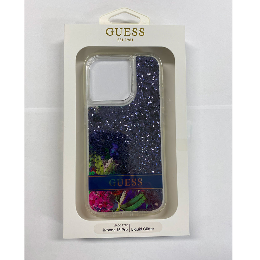 Guess GUHCP15LLFLSB iPhone 15 Pro HC LIQ. Glitter Flower Blue