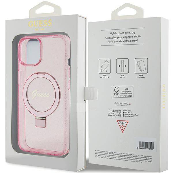 GUESS GUHMP15SHRSGSP hardcase Ring Stand Script Glitter MagSafe Case Pink for iPhone 15 / 14 / 13