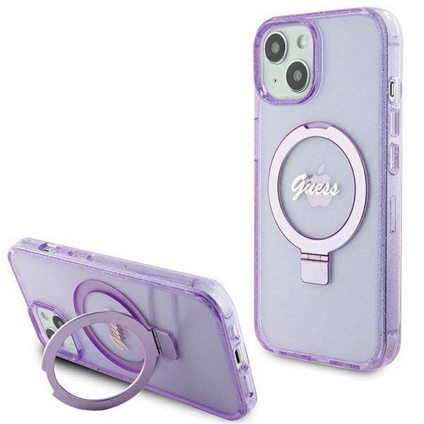 Guess GUHMP15SHRSGSU hardcase Ring Stand Script Glitter Purple MagSafe Case for iPhone 15 / 14 / 13