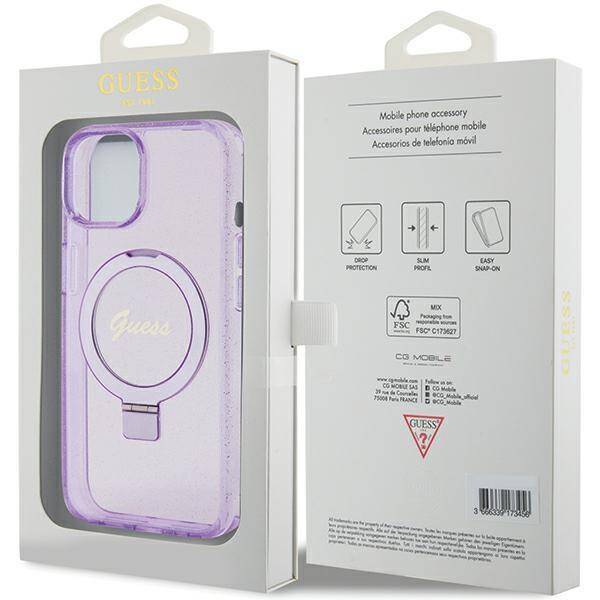 Guess GUHMP15MHRSGSU hardcase Ring Stand Script Glitter Purple MagSafe Case for iPhone 15 Plus