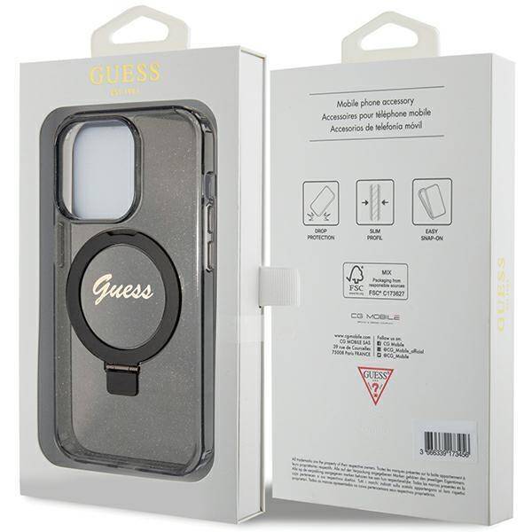 GUESS GUHMP13XHRSGSK iPhone 13 Pro Max black hardcase Ring Stand Script Glitter MagSafe