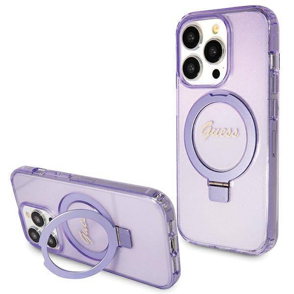 Guess GUHMP15XHRSGSU hardcase Ring Stand Script Glitter Purple MagSafe Case for iPhone 15 Pro Max